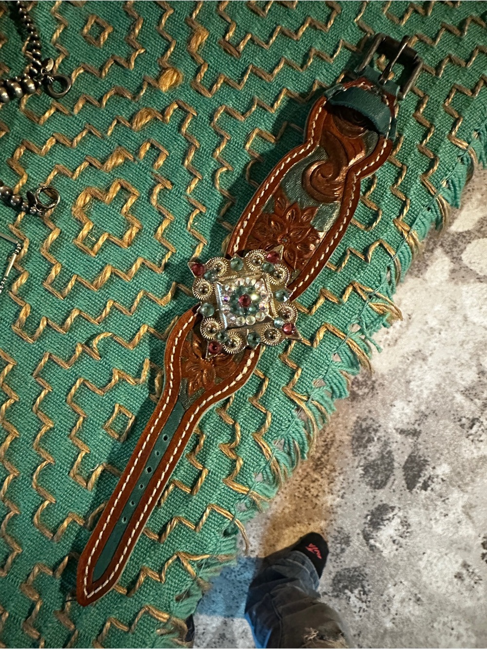 Handcrafted Tooled Leather Turquoise Western Wristlet with Jeweled Concho